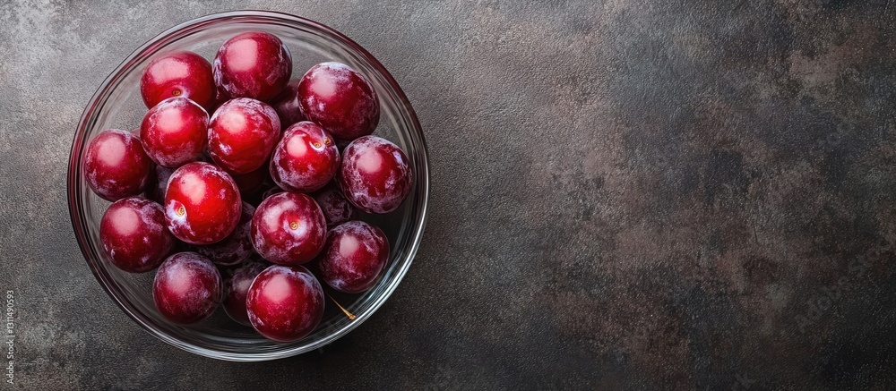 Poster fresh cherry plums in a clear glass bowl positioned centrally on a dark textured table surface with 