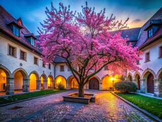 Obraz premium Serene Monastery Courtyard: Pink Blossoms at Dusk - Long Exposure Photography