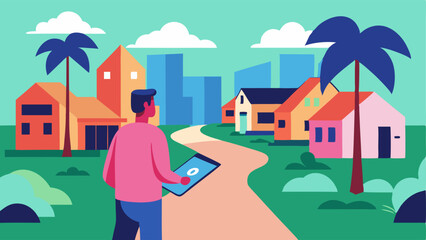 Virtual Neighborhood Stroll A buyer exploring a beautifully illustrated digital neighborhood viewing various houses while walking through virtual streets lined with palm trees and