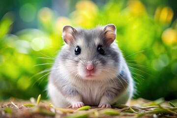 Capture the captivating charm of a gray hamster in this adorable panoramic pet portrait.