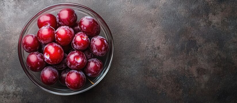 Fresh cherry plums in a clear glass bowl positioned centrally on a dark textured table surface with ample copyspace on the right side