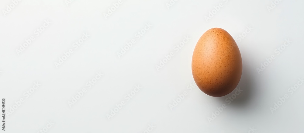 Poster single brown chicken egg positioned on the right side of a light white background, ample copyspace a