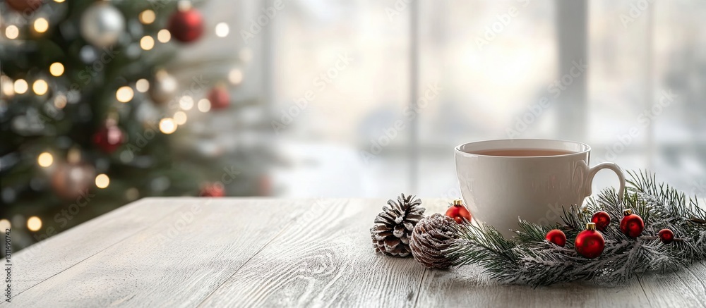 Poster festive arrangement of a white tea cup with pine and red ornaments on a wooden table in focus with a