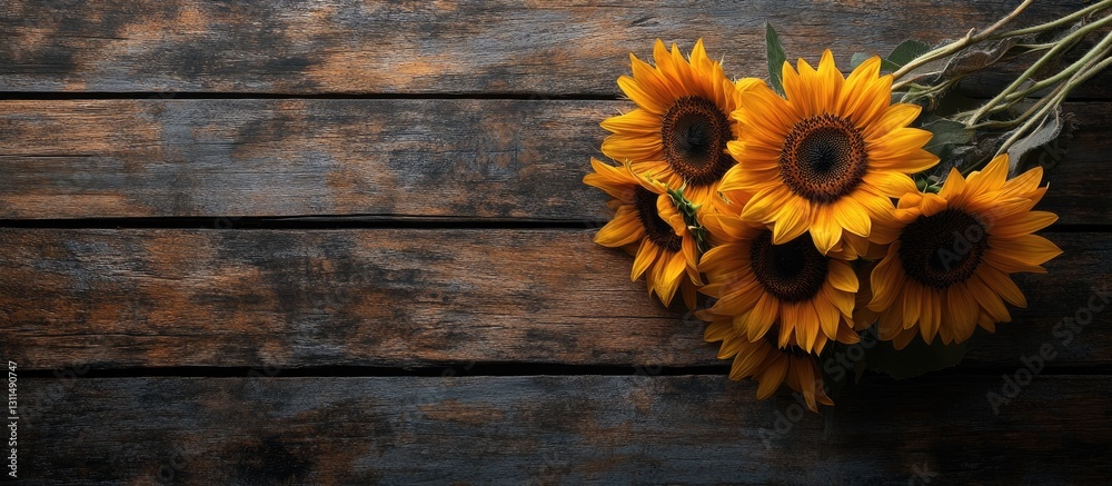 Poster yellow sunflowers arranged on a rustic wooden table with dark brown and blue hues creating a warm au
