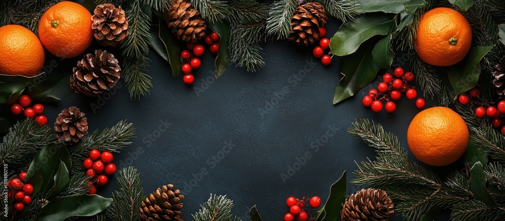 Aufkleber festive still life top view of mandarins red berries pine cones and fir branches arranged on dark ba