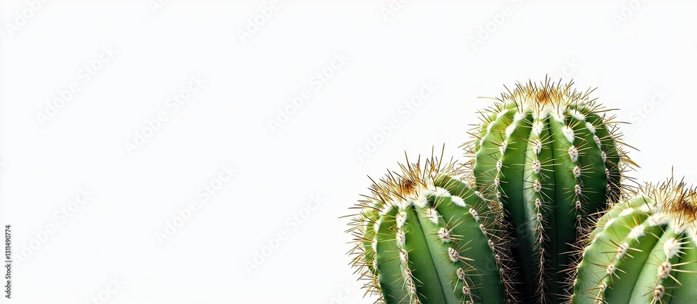 Poster Cactus cluster on a white background featuring vibrant green and yellow spines, positioned to the right with ample negative space on the left