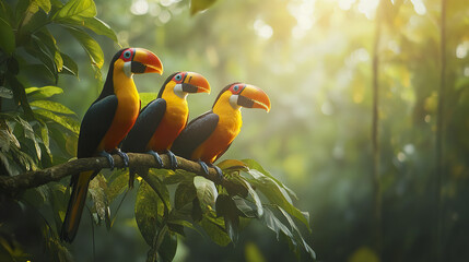 Three vibrant toucans perched on rainforest branch in sunlight