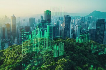 Obraz premium A bird's eye view of a modern city powered by innovation, technology, and sustainable energy solutions.