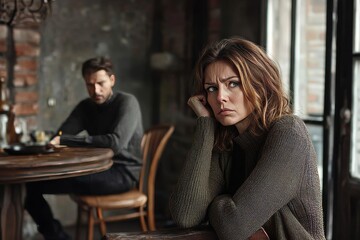 Upset Woman Ignoring Man Relationship Problems Sad Couple dark angry tense table ignore wooden      