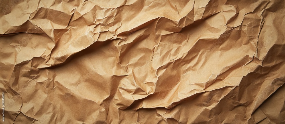 Poster crumpled brown paper texture with intricate wrinkles and folds filling the background in warm earthy