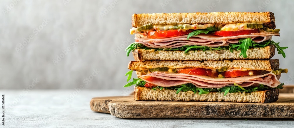 Poster Delicious stacked sandwich with ham arugula tomatoes and mayonnaise on rustic cutting board against gray background side view with copy space