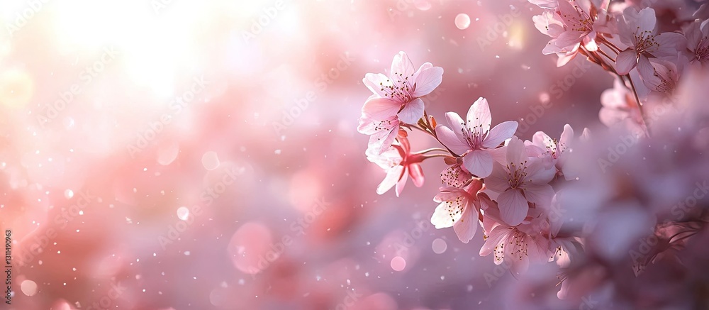 Poster delicate cherry blossoms in soft focus pastel pink hue with sparkling bokeh effect glowing in mornin