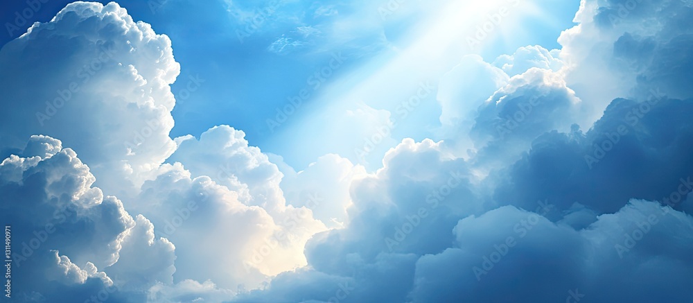 Aufkleber Bright blue sky with white fluffy clouds illuminated by sunlight beams with soft gradients creating a serene background for text or design space.