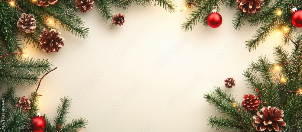 Poster christmas themed banner design with green fir branches and pine cones around red baubles and warm li