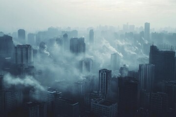 A city shrouded in thick smog, highlighting the urgent need for cleaner air and environmental awareness.
