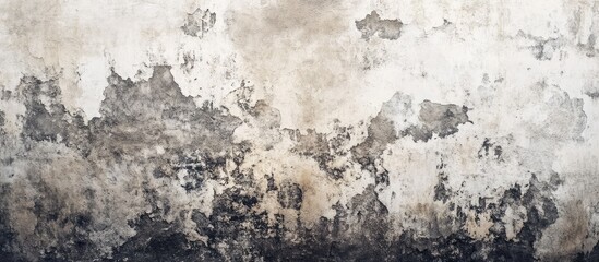 Obraz premium Worn cement wall texture with peeling grey and white paint showing age and decay features a central copyspace for text and design elements.