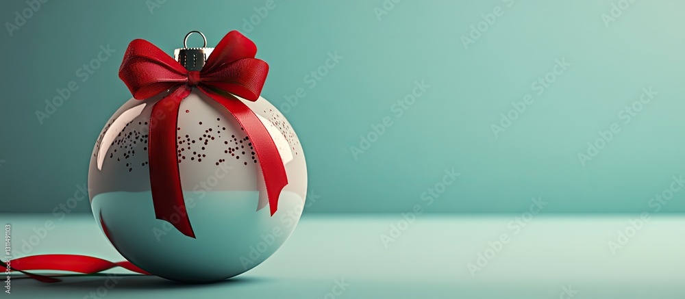 Poster decorative christmas ornament with red ribbon bow positioned on the right side of a soothing turquoi