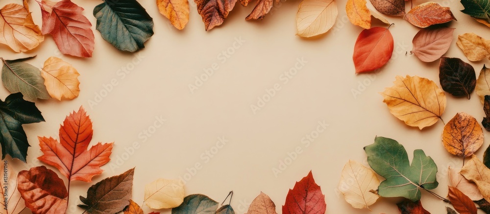 Aufkleber vibrant autumn leaves in circular frame on neutral beige background with ample copyspace ideal for f