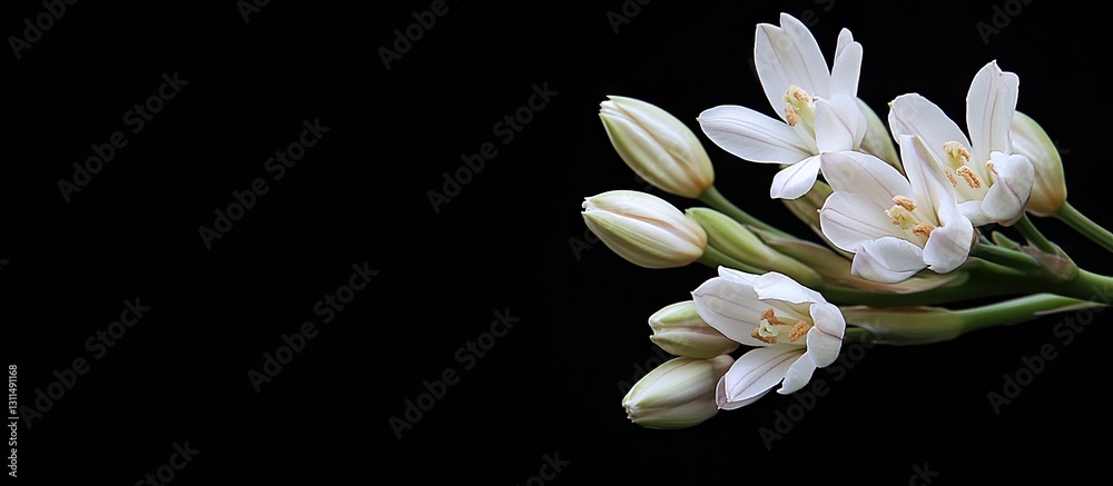 Aufkleber Delicate cluster of white tuberose flowers and buds arranged on the right side with a soft black backdrop creating a serene atmosphere