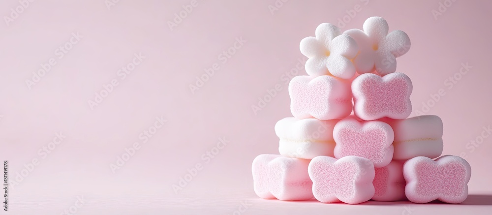 Poster pastel pink and white flower and heart shaped marshmallows stacked on a soft pink background with am