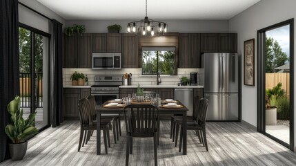 Fototapeta premium Modern dining room with table, chairs, kitchen, and outdoor view