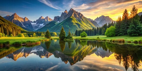 Obraz premium Serene Mountain Reflection: Calm Pond, Lush Green Fields, Stunning Peak Panorama