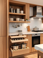 Solutions for placing utensils in modern kitchen - horizontal sliding pullout drawer shelves storage in oak cupboard for kitchenware cookware under stoneware countertop white gas hob with copyspace.