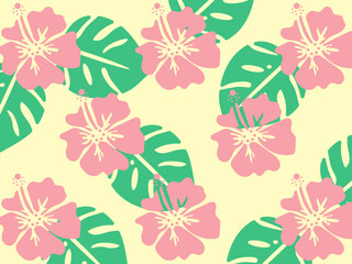 ハイビスカスとモンステラの葉の南国壁紙背景