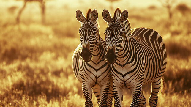 Two zebras standing together in golden savanna landscape