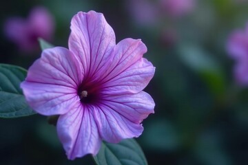 Fototapeta premium Delicate purple flower, veined petals, smooth leaves, stock photo, leaves