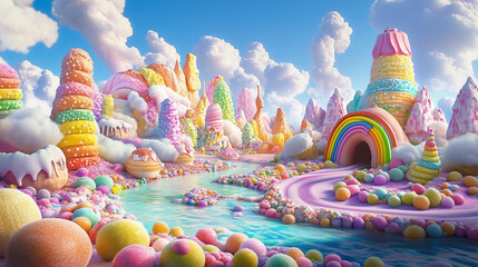 vibrant and whimsical render of a sugary candy land landscape, candy, sweets, rainbow, fantasy, colors, dessert, sugar. 