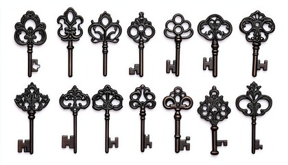 Obraz premium A Stunning Collection of Ornate Vintage Keys Displayed Elegantly on a Crisp White Background, Perfect for Home Decor, Vintage Aesthetics, and Unique Photography Projects.