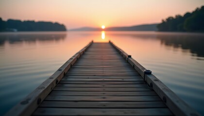A wooden dock stretching into a tranquil lake at sunrise, with soft golden light reflecting on the water