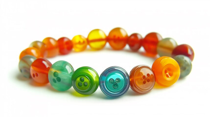 Handcrafted bracelet featuring round buttons in mixed shades of orange, green, and blue. Unique accessory displayed on white background with copy space.