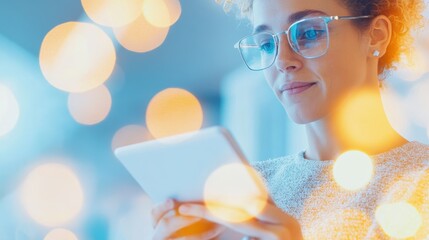Woman With Glasses Using A Tablet, Bright Lights Surrounding