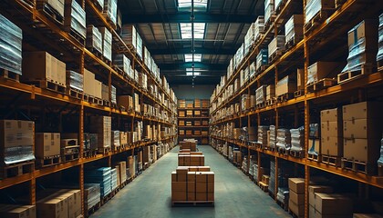 Extensive Warehouse Interior with Stacked Cardboard Boxes