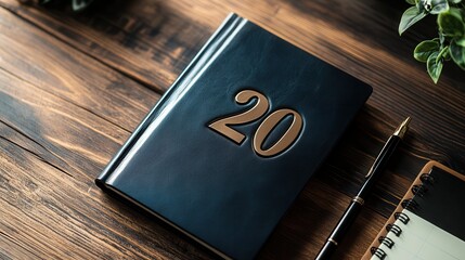 Elegant Black Planner With Embossed 20 on Wooden Desk