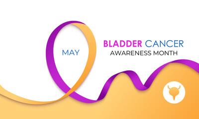 Bladder Cancer Awareness Month is observed every year in May to raise awareness about bladder cancer. Yellow, purple and blue mixed colour cancer awareness Realistic ribbon. Banner design template.