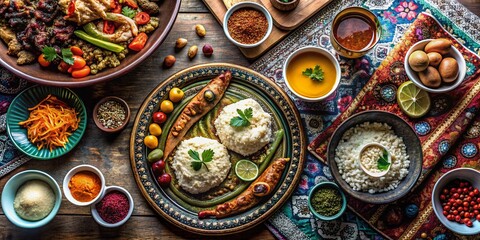 Serene Ramadan: Abstract Food Photography with Prayer Rug Texture & Paint Strokes