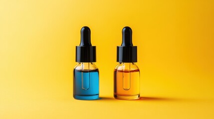 Naklejka premium Two bottles of serum and a dropper displayed on a bright yellow background for skincare and beauty concepts