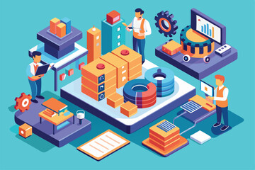 Obraz premium QA engineers collaborate on software testing, utilizing various tools and data analysis techniques together, Qa engineers Customizable Isometric Illustration