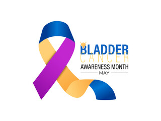 Bladder Cancer Awareness Month is observed every year in May to raise awareness about bladder cancer. Yellow, purple and blue mixed colour cancer awareness Realistic ribbon. Banner design template.