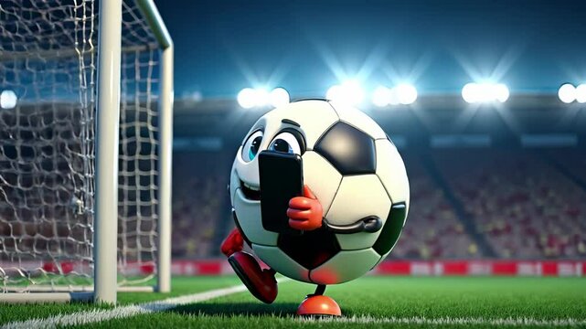 A funny animated soccer ball character holds a smartphone in a floodlit stadium as the camera pans around him. He has a funny and smiling expression after checking his device's screen