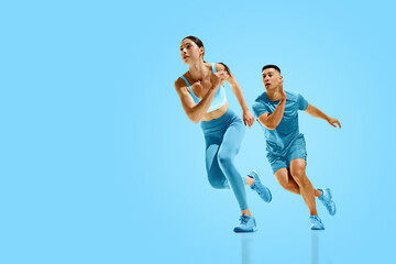 Energetic collage. Duo of athletes, man and woman, dressed in blue sprinting forward, strength and...