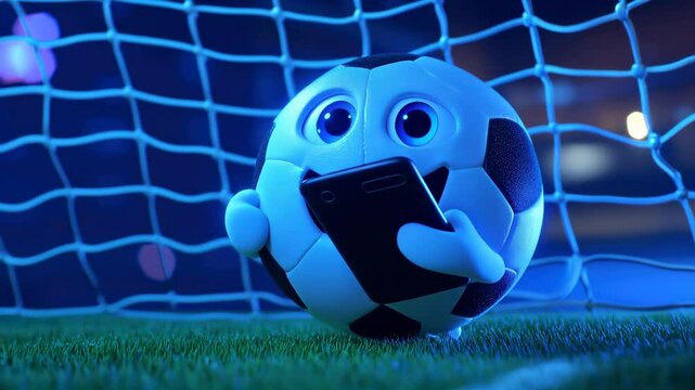 A funny soccer ball with eyes, hands and mouth, is looking at his smartphone while jumping. The net of the soccer goal is in the background, while some blades of grass are slowly falling nearby