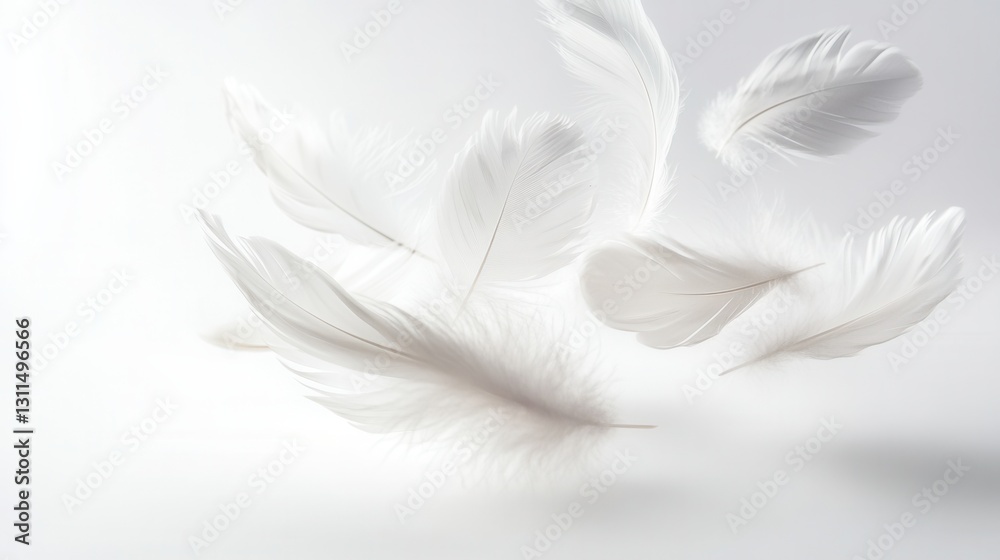 Leinwandbilder soft floating feathers create a dreamlike atmosphere against a white background in high key photogra