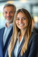 Fototapeta premium Young woman with concerned expression in modern office, male colleague in blurred background