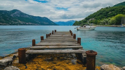 Fototapeta premium Dock Cleat. Boat Moored at Pier Cleat on a Summer Day by the River