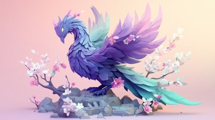 Obraz premium Fantasy phoenix, pastel colors, spring blossoms, rocks, digital art, game design
