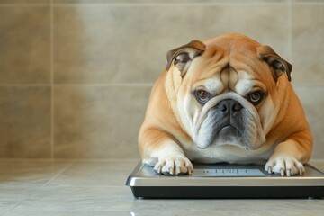 Dog On Scale. Overweight Pet Requiring Physical Exercise and Wellness Management